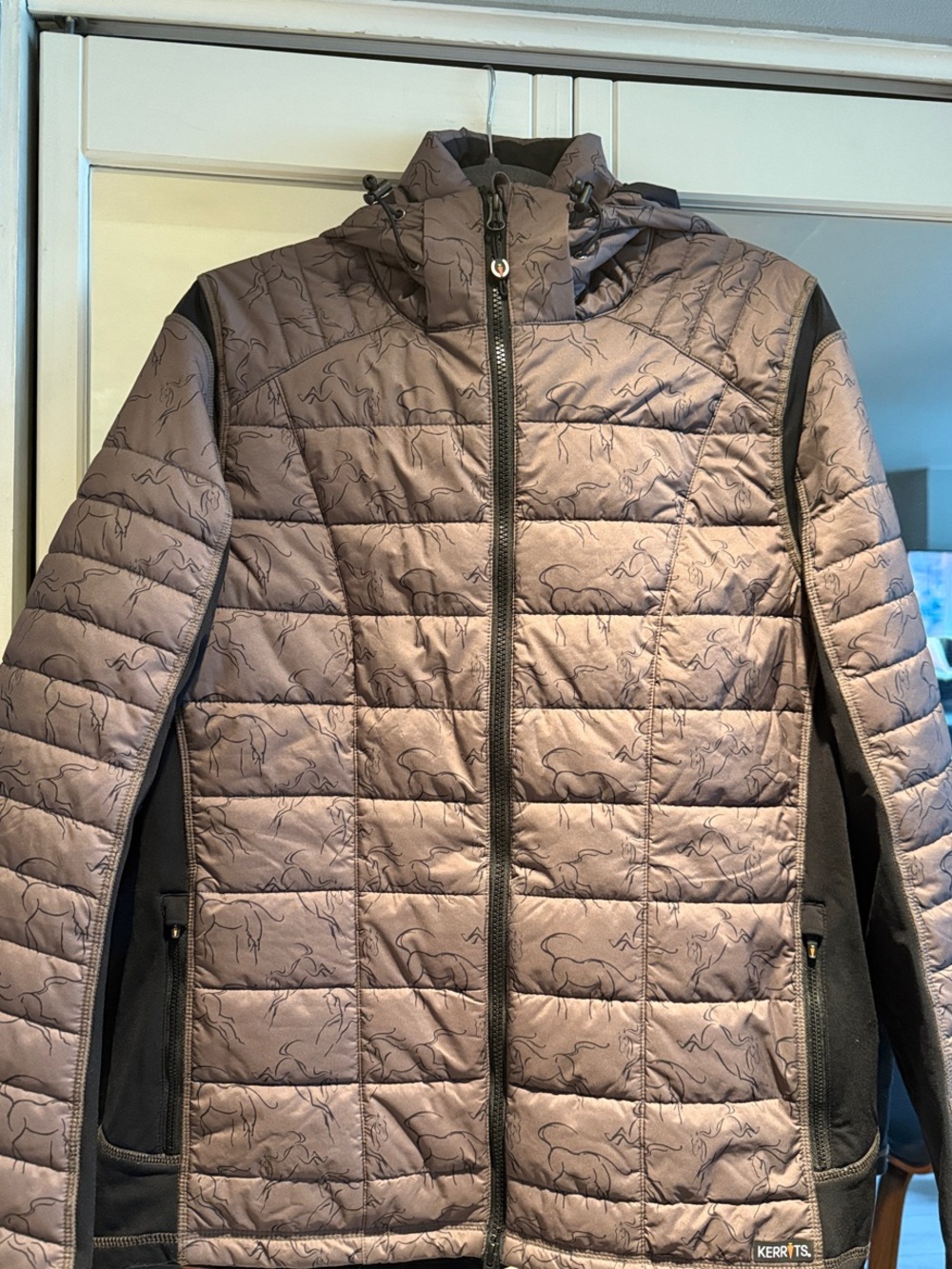 Kerrits Quilted Hooded Jacket in Taupe with Black Accents
